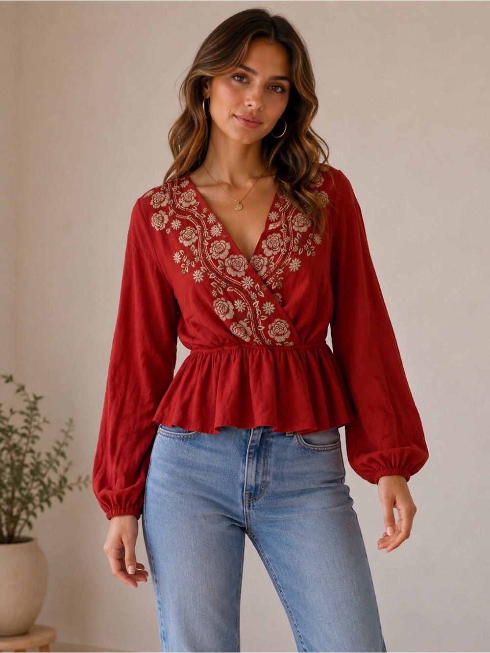 Savannah Jane Large Red Embroidered Peplum Blouse NWT Boho